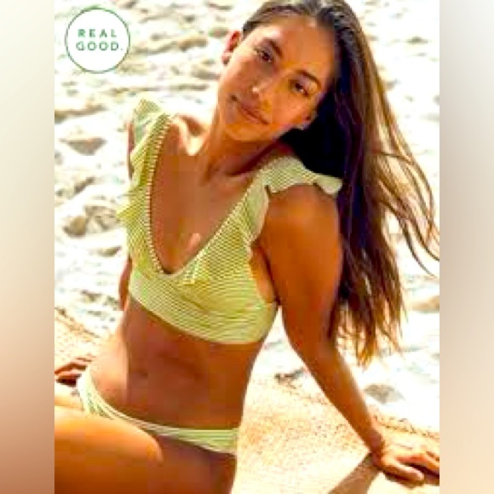 Aerie Longline Bikini Set Size Large Top & Bottom Triangle Top Striped Ruffle